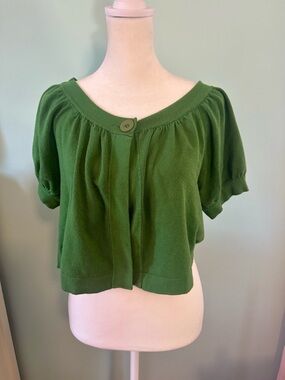 Fever Green Cropped Puff-Sleeve Cardigan